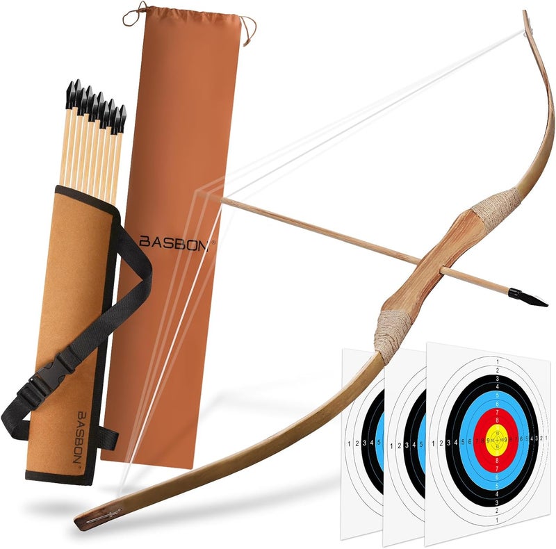 Basbon Kids Bow and Arrow Set, 32 Inch Archery Set Handmade Wooden Toy Bow and Arrow for Kids 6-8 8-12, 1 Bows 1 Quivers 10 Arrows 3 Targets & Storage Bag, Gifts for Youth Boys and Girls - Image 1